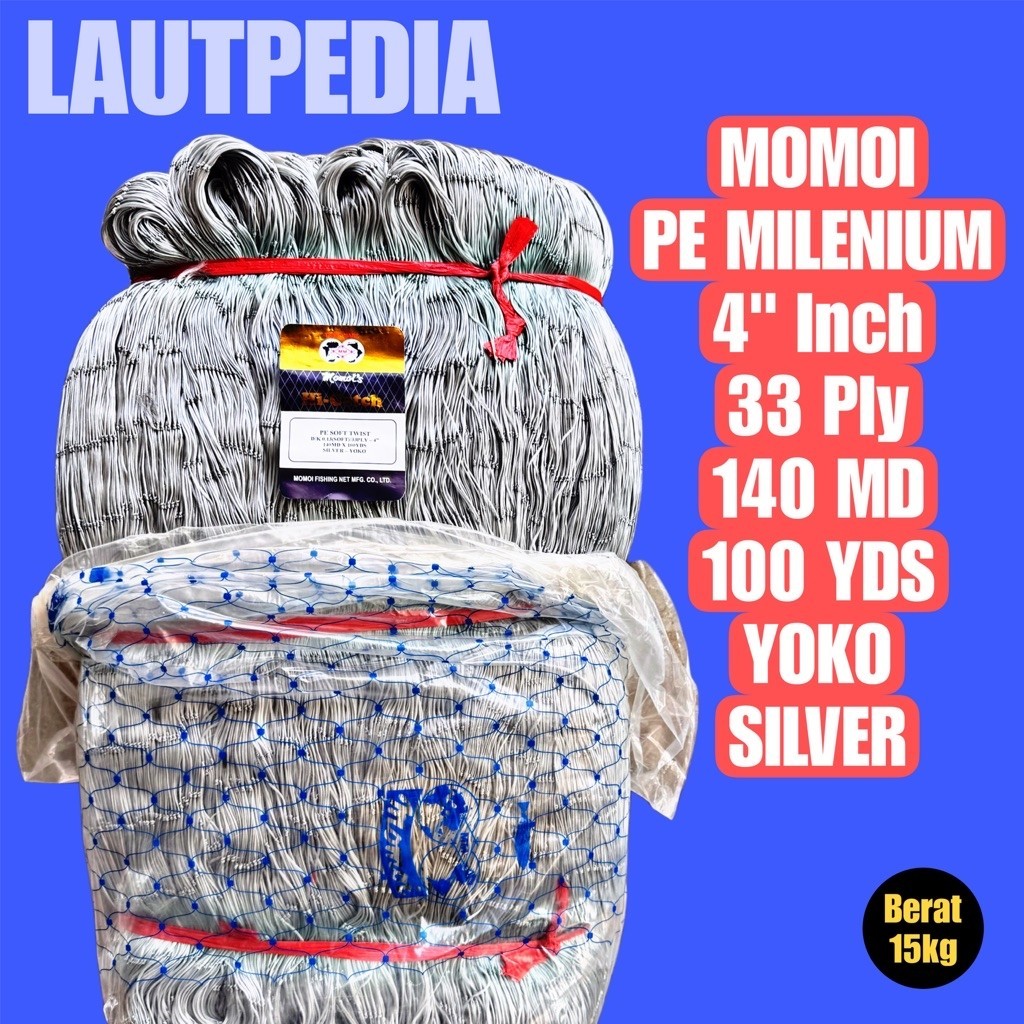 Jaring Ikan Momoi PE Milenium 4 Inch 33Ply 140MD 100YDS YOKO - SILVER