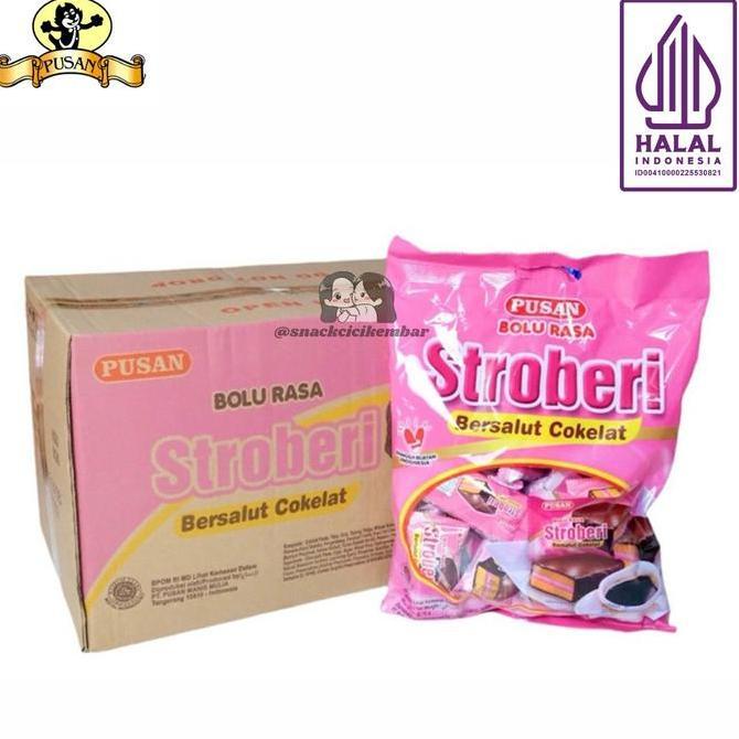 Pusan Bolu Bersalut Cokelat Rasa Vanilla / Stroberi 1 Dus Isi 8 Bag
