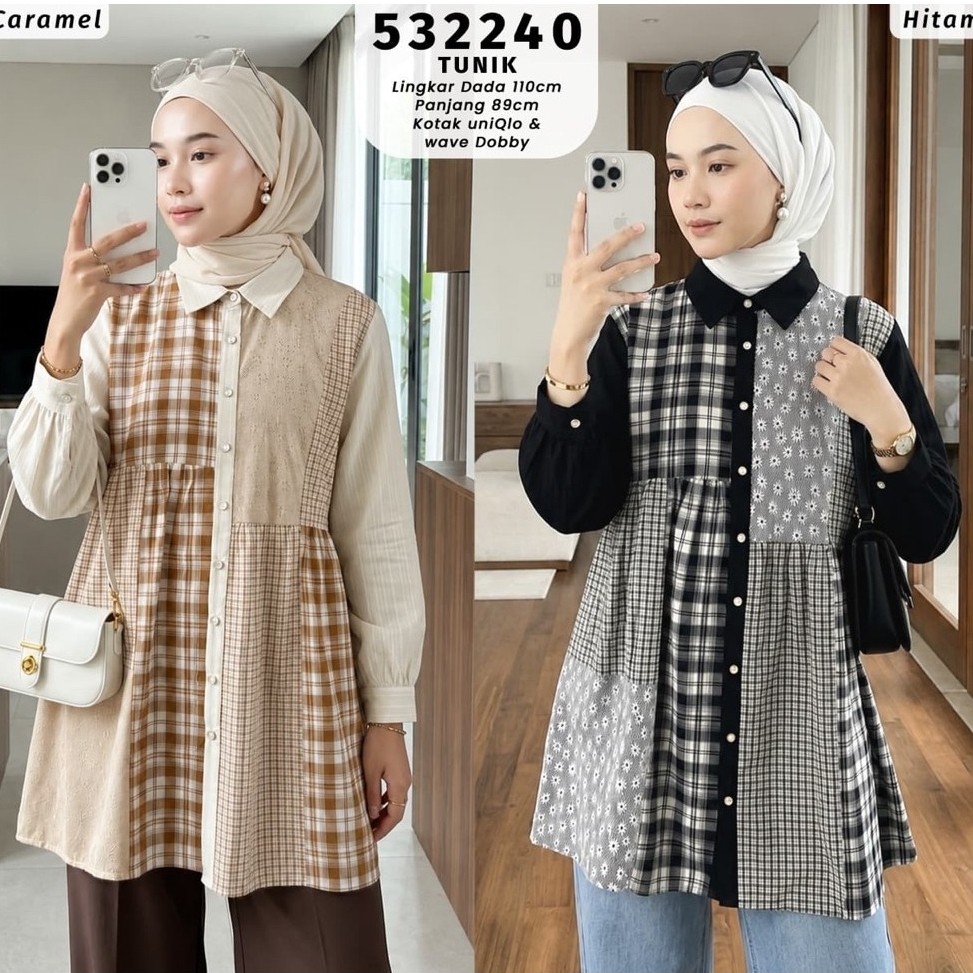 Tunik wanita 532240 lengan panjang motif kotak uniQlo wave Dobby lingkar dada 110cm panjang 89cm