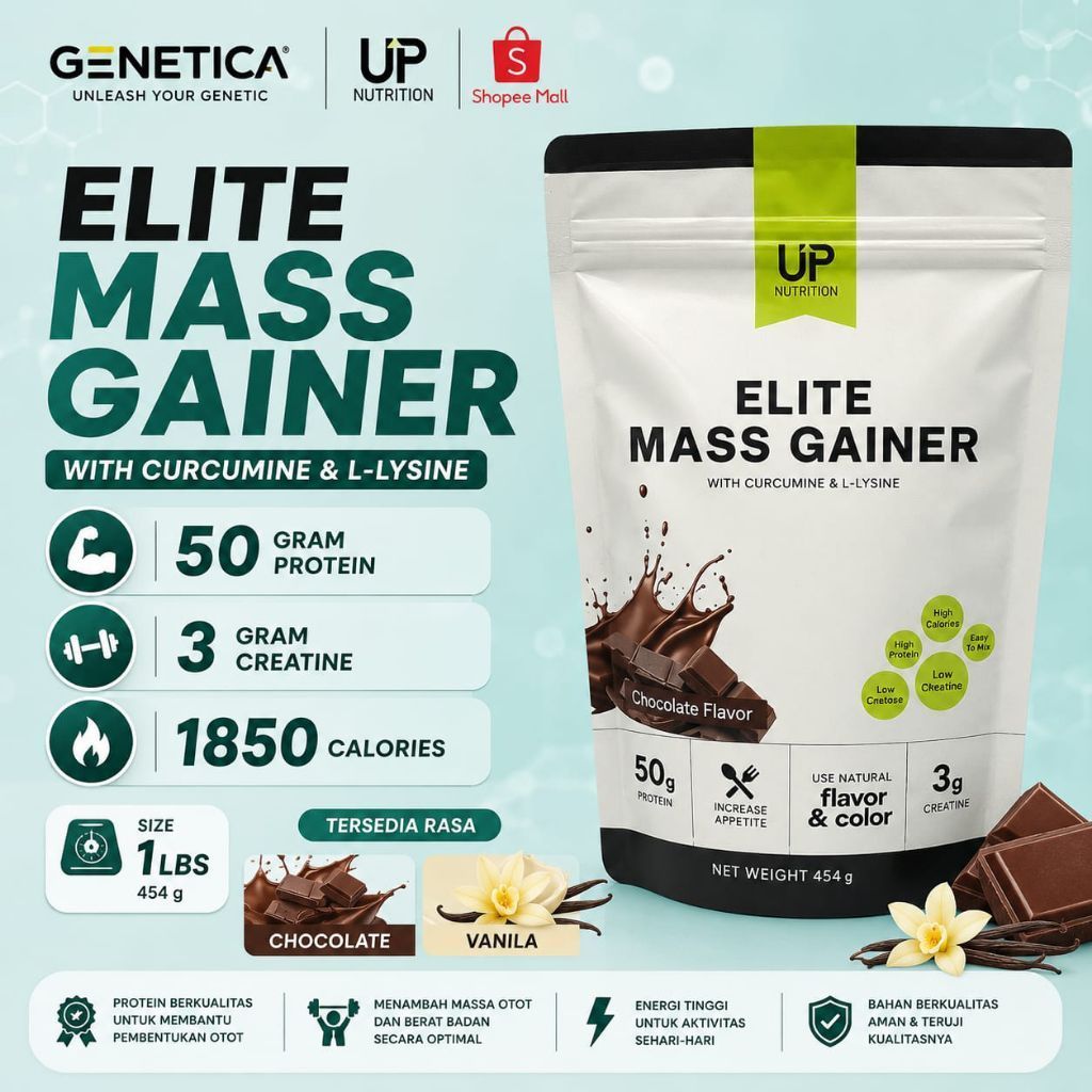 Susu Penambah Berat Badan Elite Mass Gainer Rasa Cokelat dan Vanilla 1 Lbs untuk Program Bulking