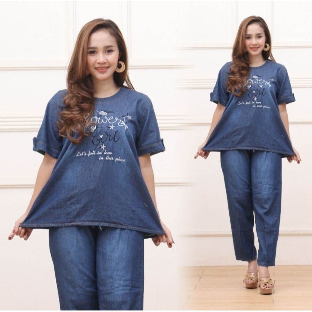 Setelan wanita jeans atasan lengan pendek celana panjang