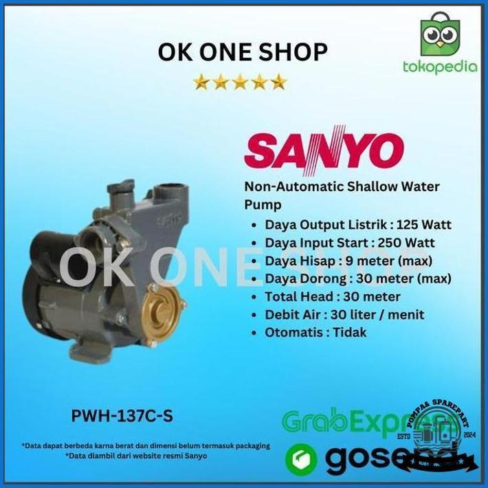 Pompa Air Sanyo PWH 137 C S, Pompa Sumur Dangkal Non-Otomatis 125 Watt