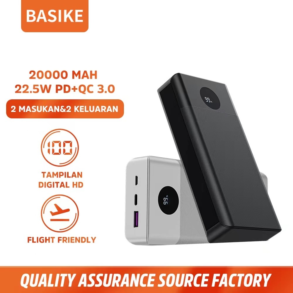 BASIKE Powerbank 20mAh Fast Charging 22.5W Kapasitas Riil Layar LCD Bawa Pesawat 3 Port Output 9 Pro