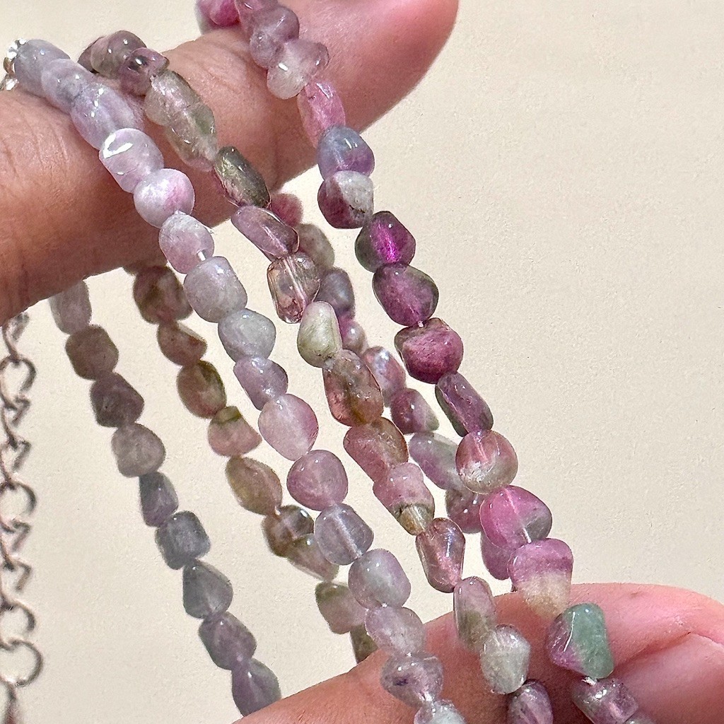 Watermelon Tourmaline Crystal Freeform Chain Bracelet