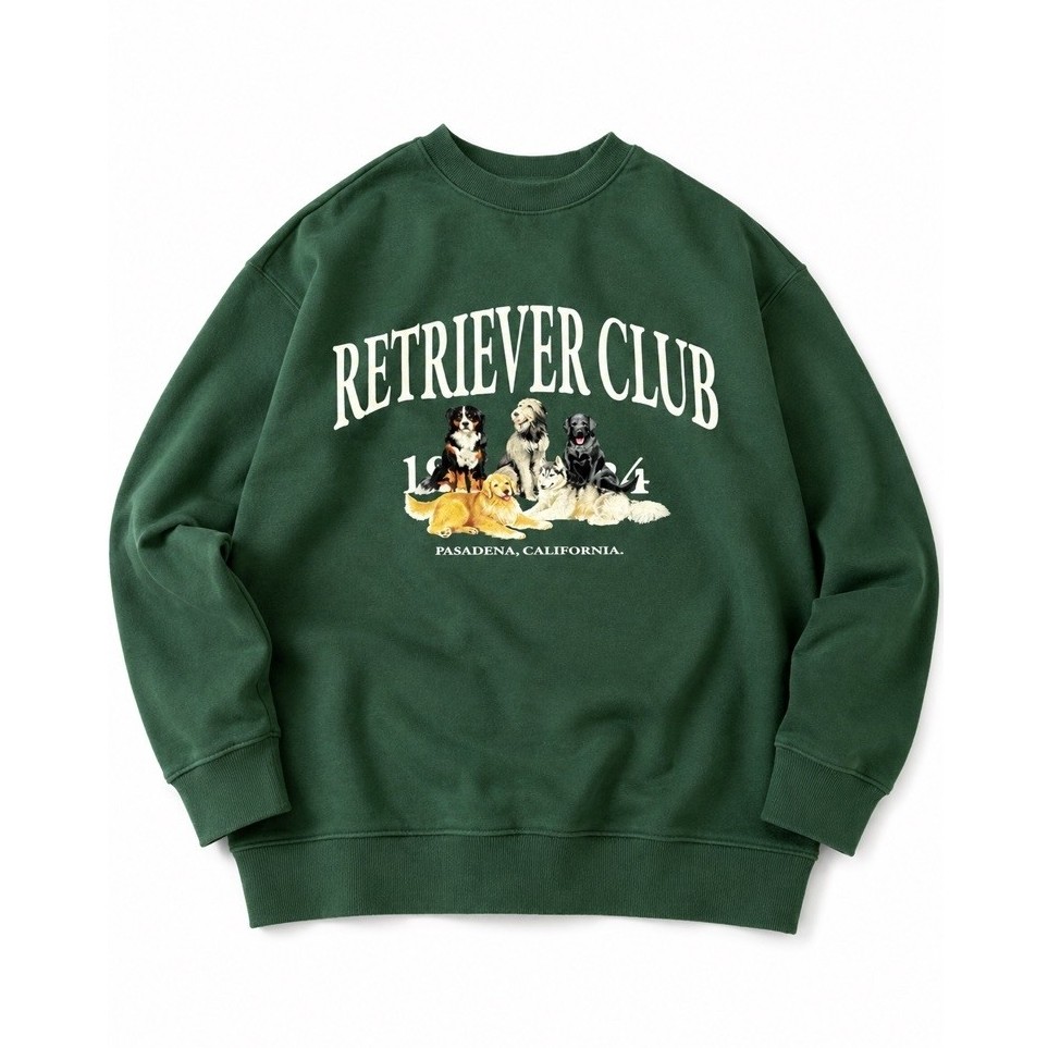 Sweatshirt lengan panjang hijau RETRIEVER CLUB Pasadena California motif anjing