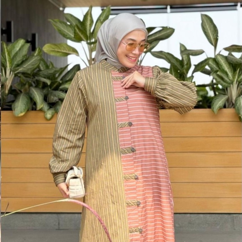 GAMIS WANITA MUSLIMAH BUSUI FRIENDLY MOTIF GARIS CHOCO || NAIMA DRESS WARNA CHOCO EAZY STYLE