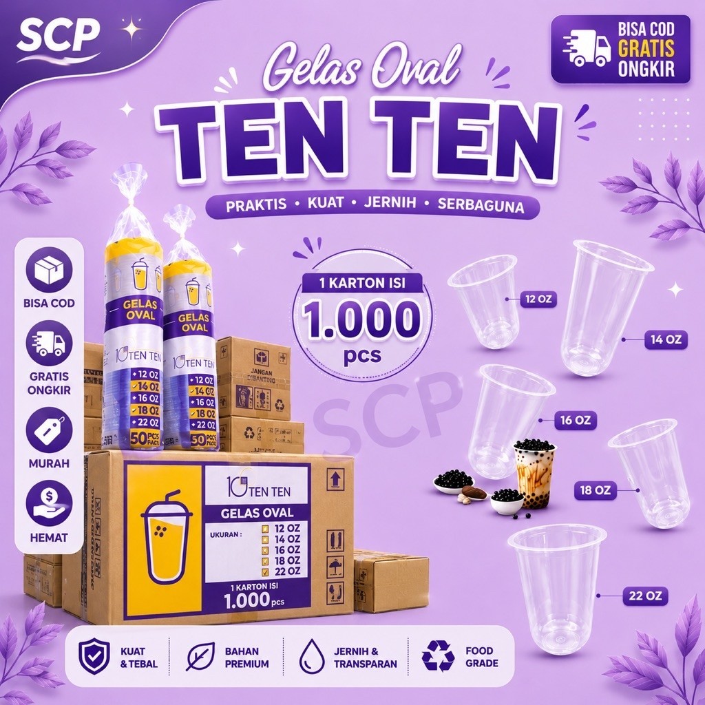 (GROSIR 1DUS=1.000PCS) TENTEN CUP OVAL 12 OZ/ 14 OZ/ 16 OZ / 18 OZ/ 22 OZ TENTEN OVAL