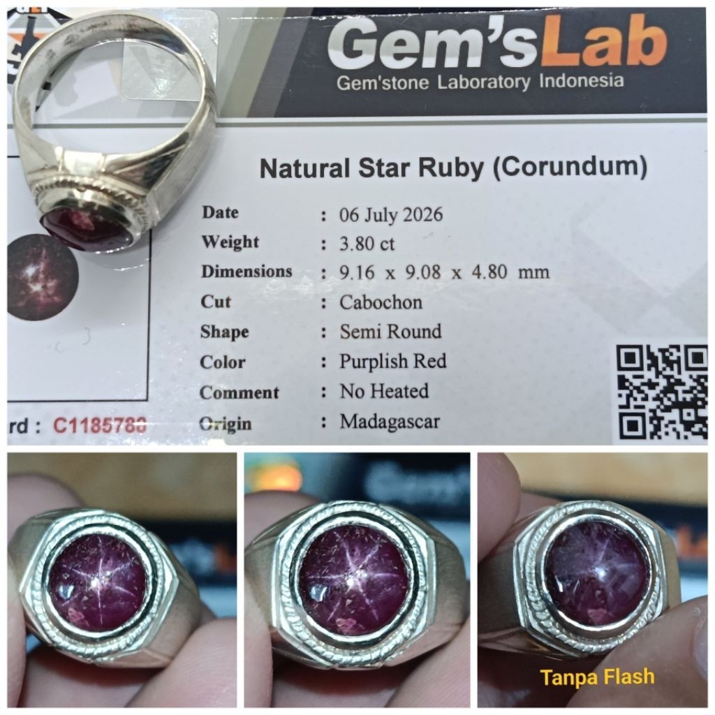 Natural Star Ruby Madagaskar 3,8ct memo GLI ring perak