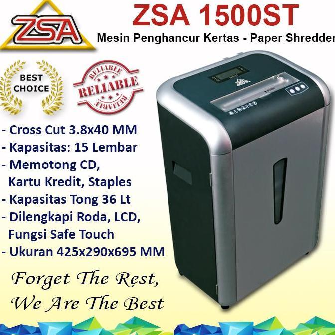 Zsa 1500St Penghancur Kertas, Heavy Duty, Shredder 15 Lembar, Cross Cut 3.8X40Mm, Original, Garansi 