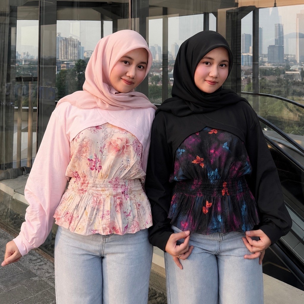 Rolv rosela atasan Blouse Atasan Wanita Rayon Mix Cotton Lengan Panjang Smoked Kombinasi