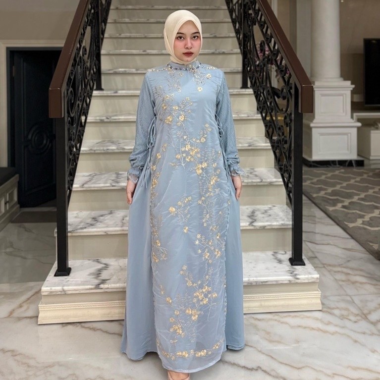 Gamis exclusive bahan organza milky mix marbella twill premium + fayet model menyatu ada tali sampin