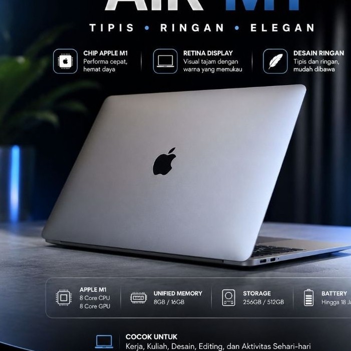 MACBOOK AIR M1 ram 8gb,16gb ssd 128gb, 256gb,512gb, 1tb second berkualitas