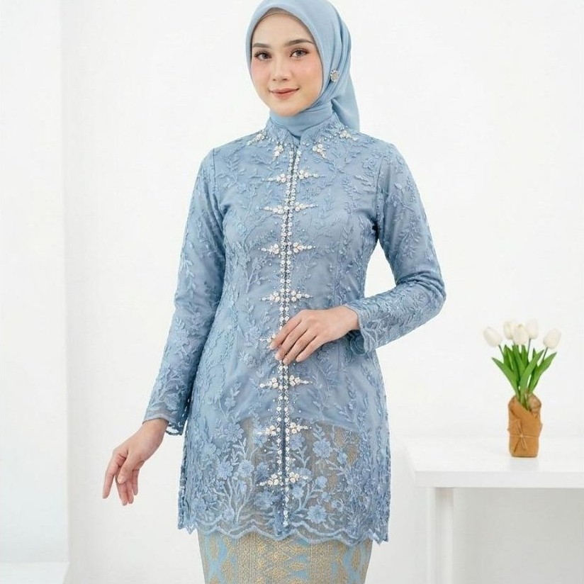 Kebaya Atasan Tunik Muslim Wanita Premium Tille Brokat Warna Baby Blue  Lengan Panjang Motif Bunga E