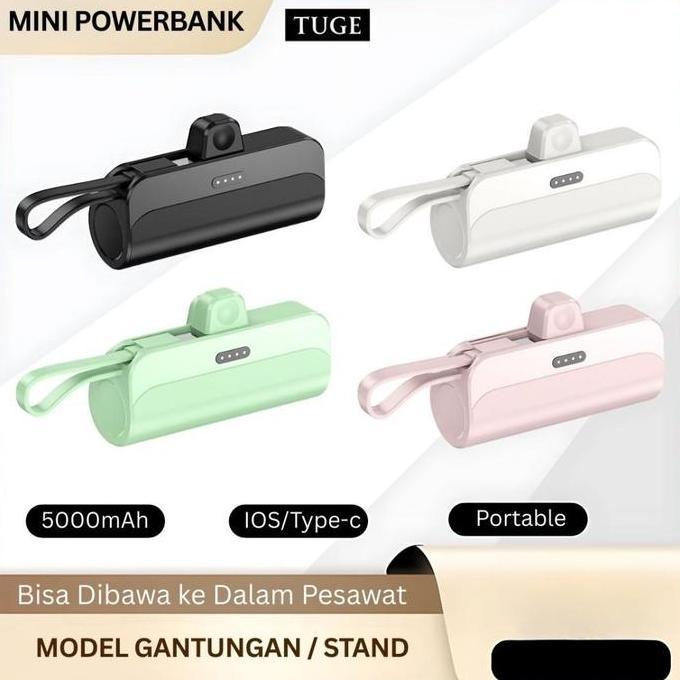TUGE Mini Powerbank 5000mAh Kapsul Type C & Lightning Baterai Charger Ponsel Android iPhone Smartwat