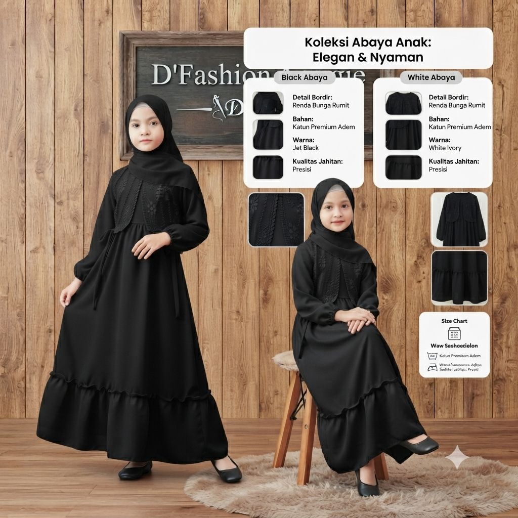 GAMIS MUSLIM ANAK PEREMPUAN WARNA HITAM BAHAN KRINGKEL MIX  RENDA DADA Cocok untuk Sekolah & Pesantr