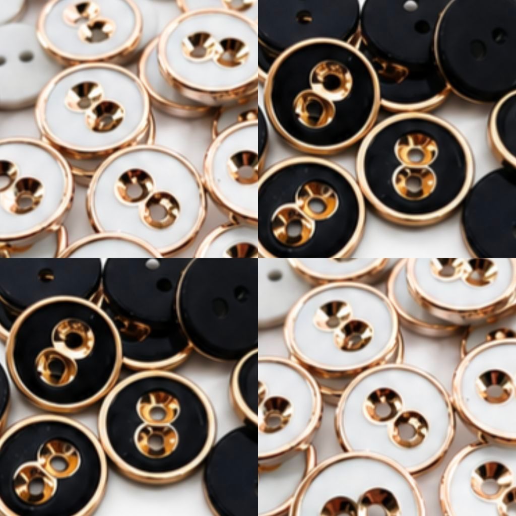 100 pcs Diameter 13/15/18 mm - Kancing Baju Emas Dasar Putih / Hitam - Kancing Lubang 2