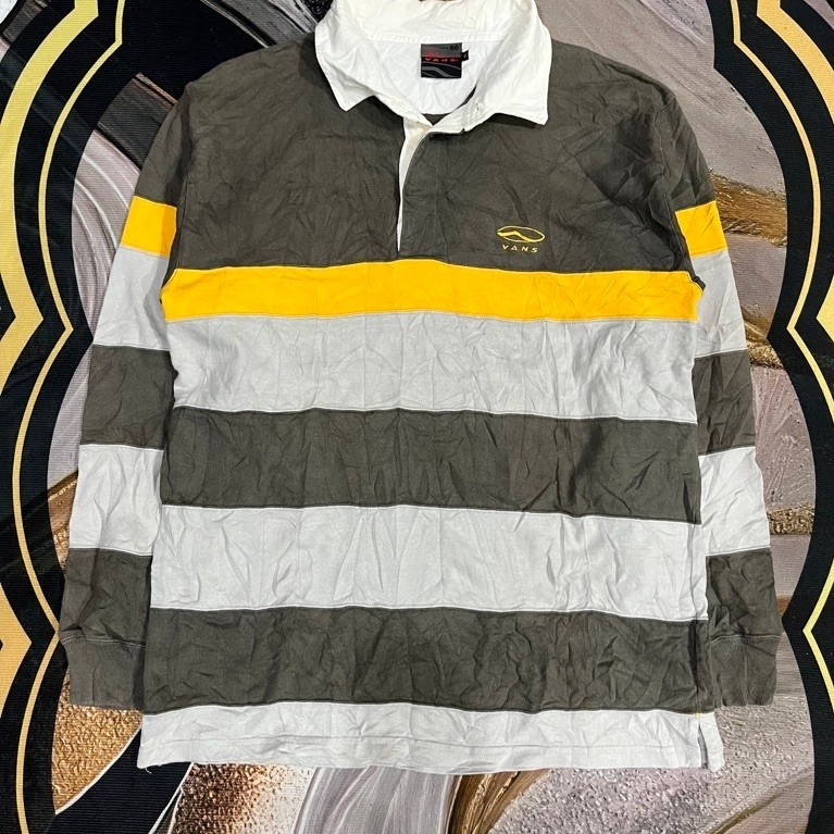 Kaos Polo Pria Vans Lengan Panjang Motif Garis Abu Abu Putih Kuning