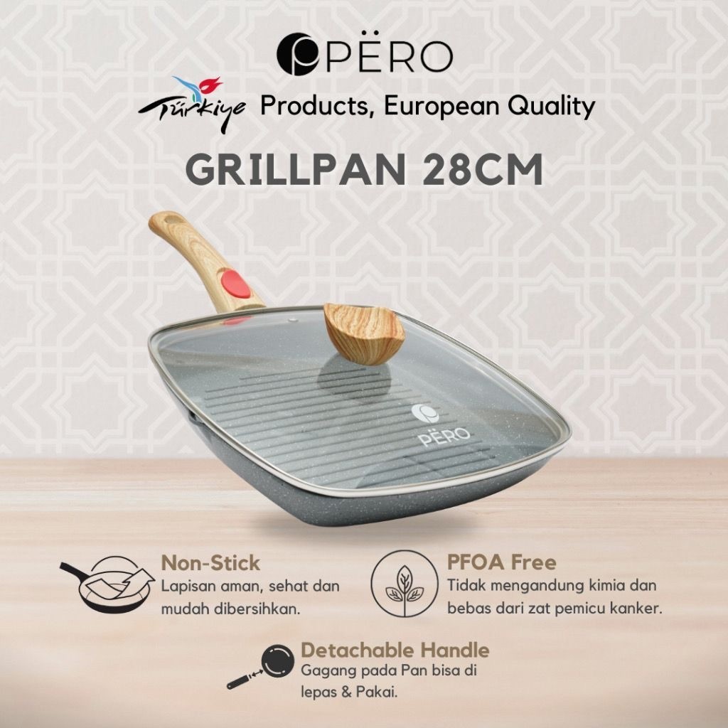 Pero Grill Pan 28cm with Lid Biogranite Nonstick / Wajan Grill Penggorengan Serbaguna Anti Lengket d