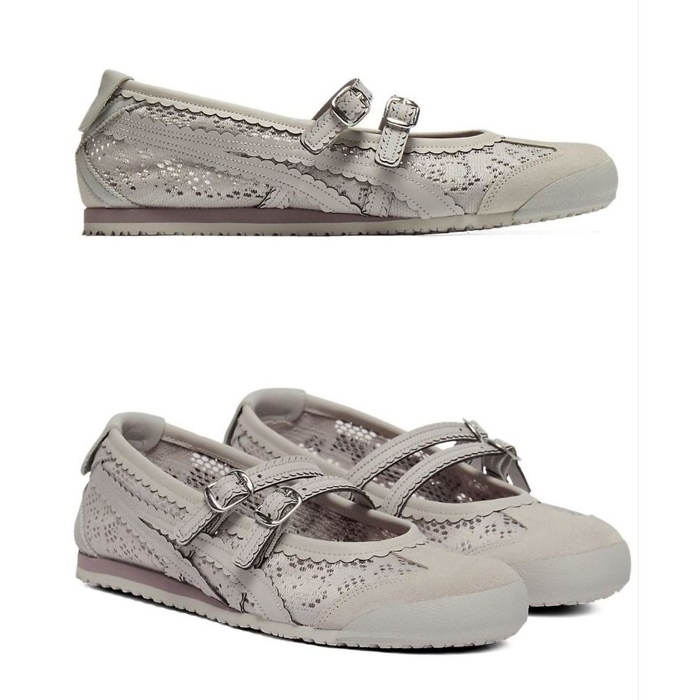 Sepatu flat wanita motif renda dengan strap buckle warna abu-abu casual