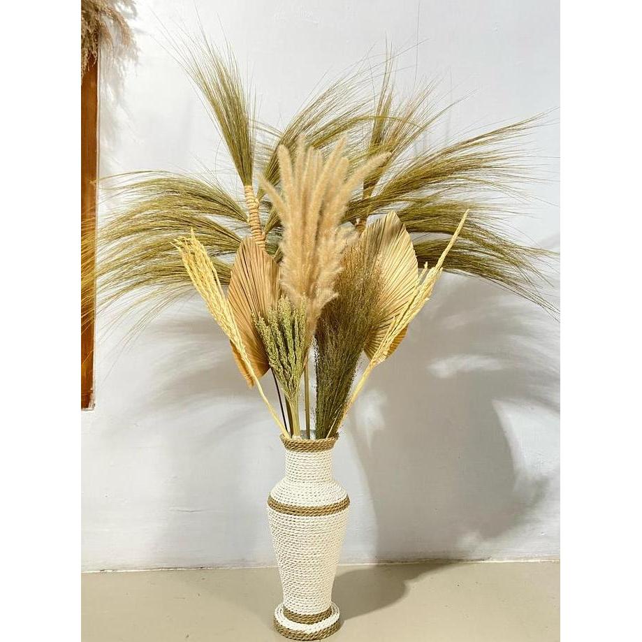 PAKET BUNGA KERING DAN POT TINGGI 35CM / DAUN PALEM KERING / DEKORASI RUMAH / DEKORASI RUSTIC
