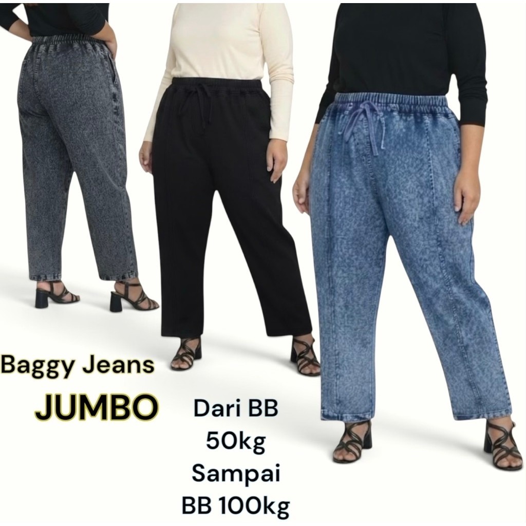 BAGGY PANTS JEANS SANDWASH WANITA JUMBO BB 100KG / BIG SIZE BAGGY SNOW JEANS WANITA HIGHT WAIST SIZE