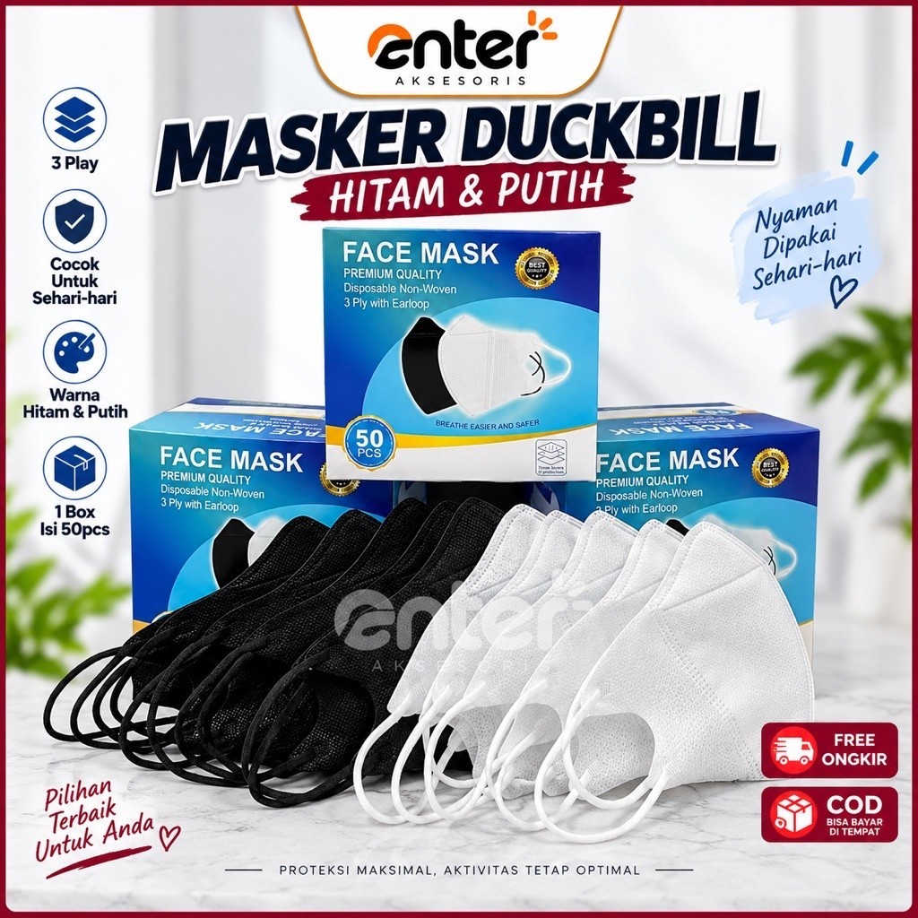 Masker Duckbil Hitam Putih / Masker Duckbill Box isi 50pcs EA