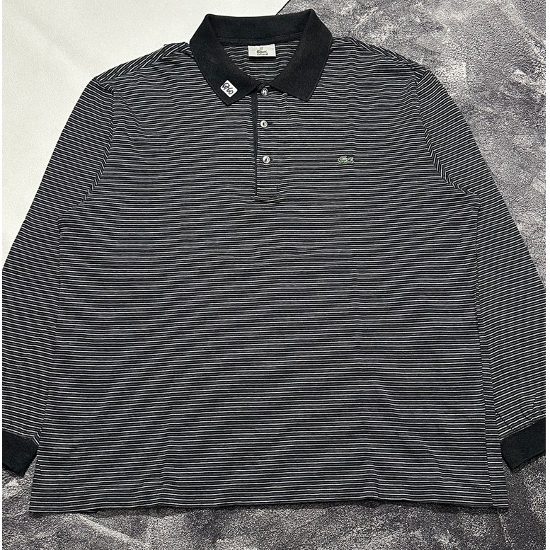 Polo Shirt Pria Lacoste Long Sleeve Motif Garis Cotton Vintage Like New Hitam Abu-Abu