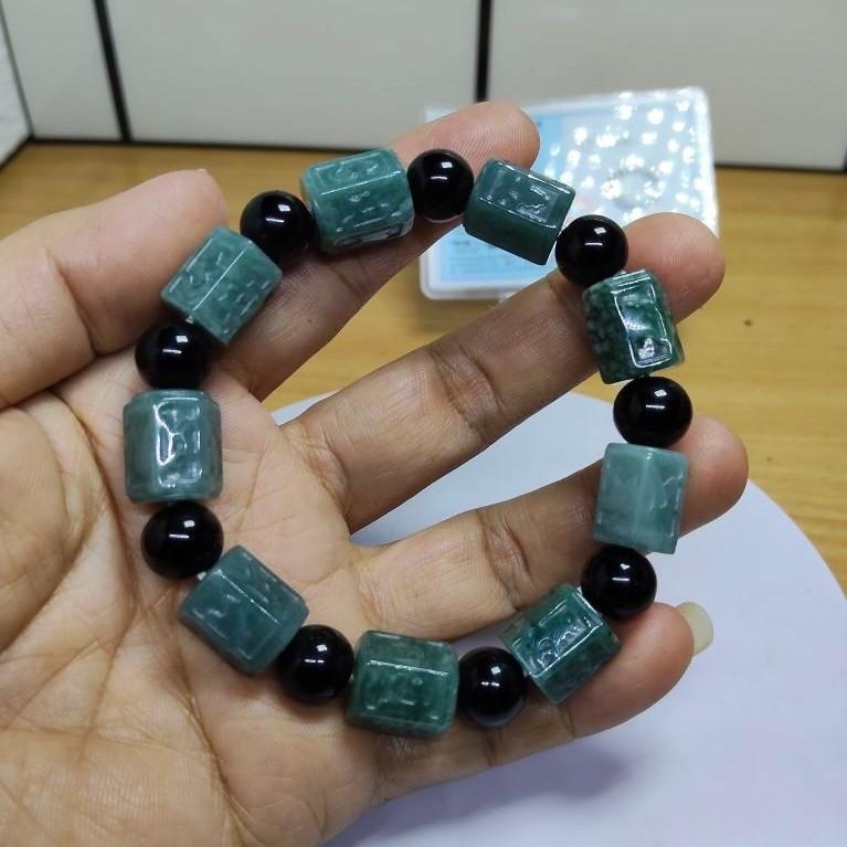 Gelang Batu Giok Jade Tipe A Jumbo 12mm Original Stone Wanita Pria Adjustable