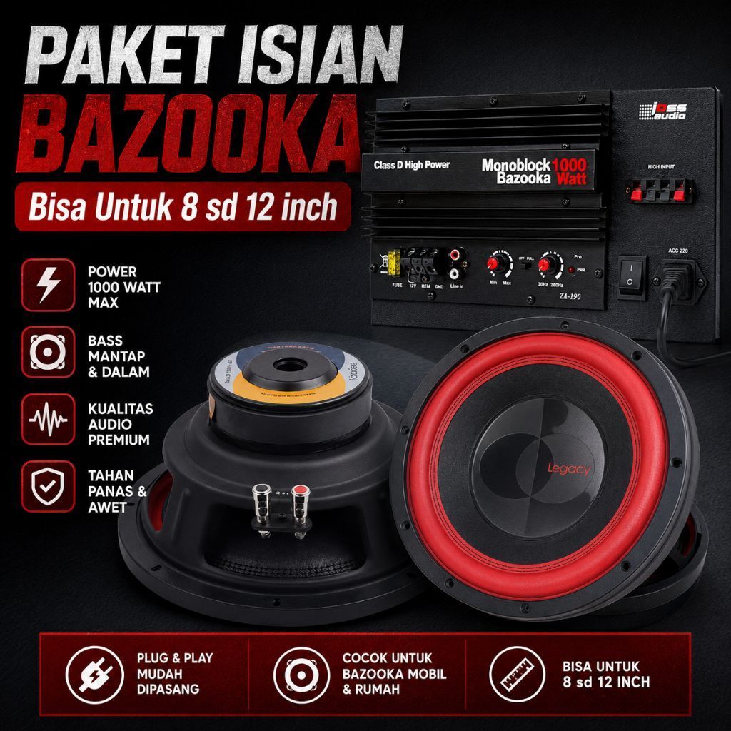 Paket Isian Bazooka Audio Monoblock 1000 Watt untuk 8 sd 12 Inch Speaker Mobil Rumah