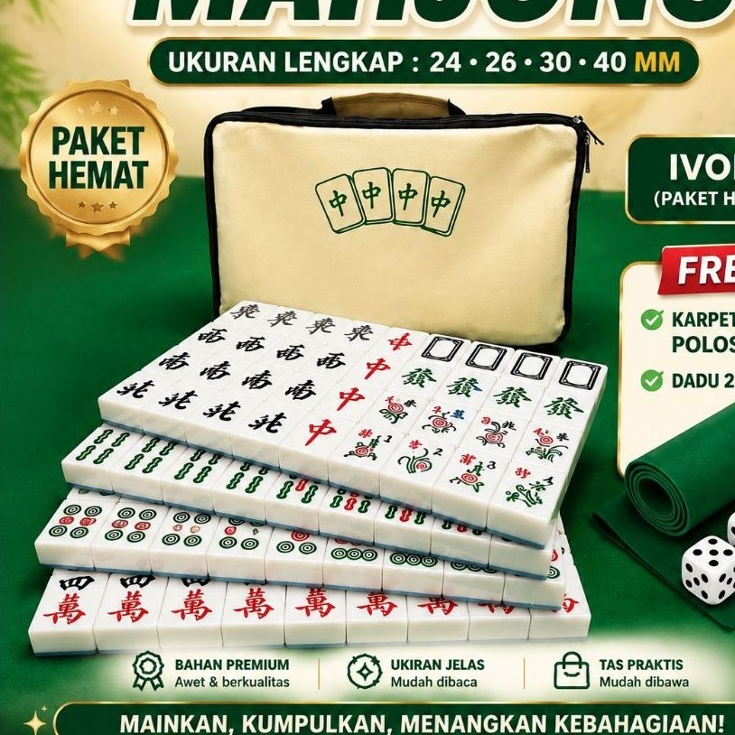 Mahjong Tiles 144pcs(karpet meja+tas+2 dadu)