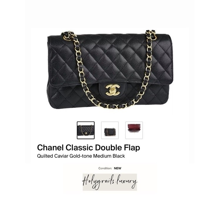 Chanel Classic Double Flap Quilted Caviar Gold Tone Medium Black 100% Original