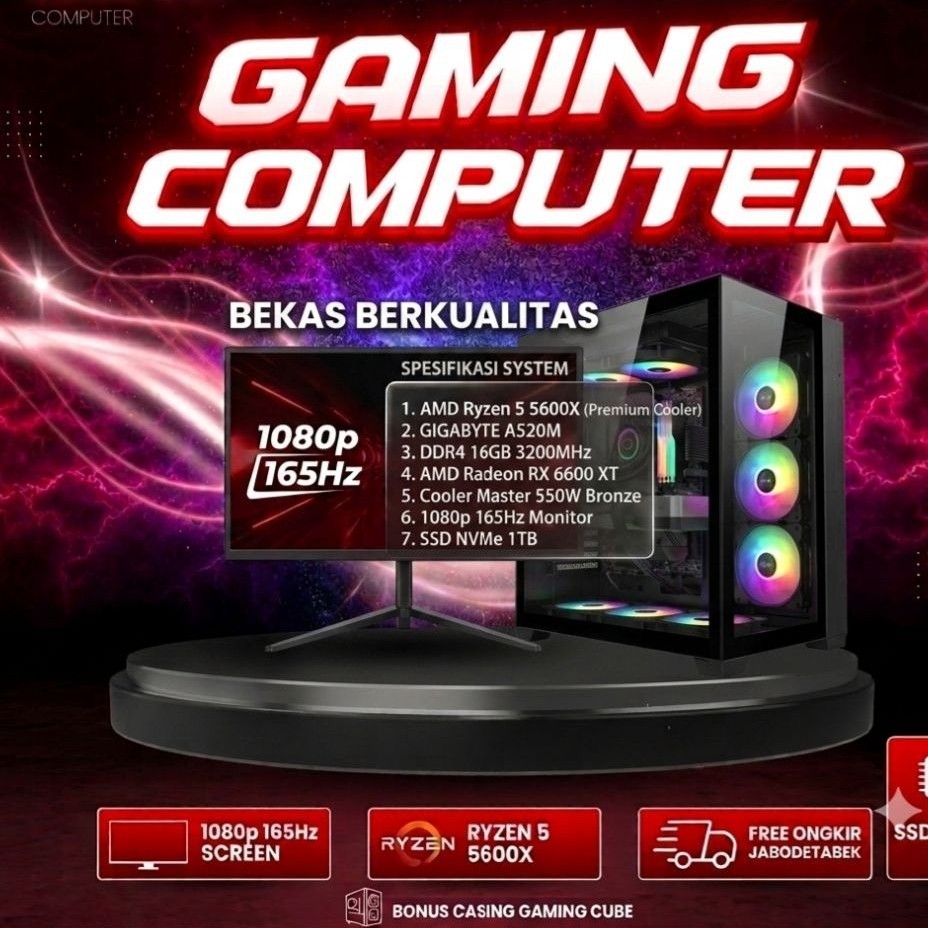 Komputer Gaming Bekas Berkualitas Ryzen 5 5600X RX 6600 XT 16GB SSD NVMe 1TB Layar 1080p 165Hz
