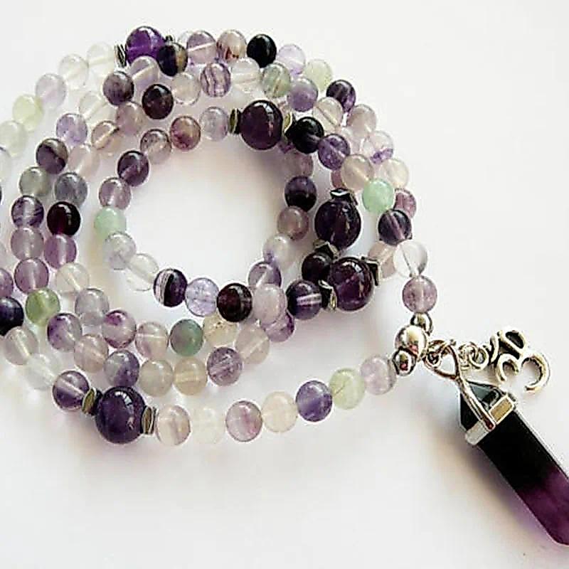 108 Mala Fluorite Necklace 108 mala wrap bracelet Metation Yoga fluorite bracelet Buddhist Beads Om 