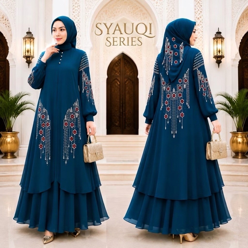 SYAUQI SERIES - Gamis Inner Outer Bordir Set Hijab Bahan Ceruty Babydoll Baju Wanita Terbaru
