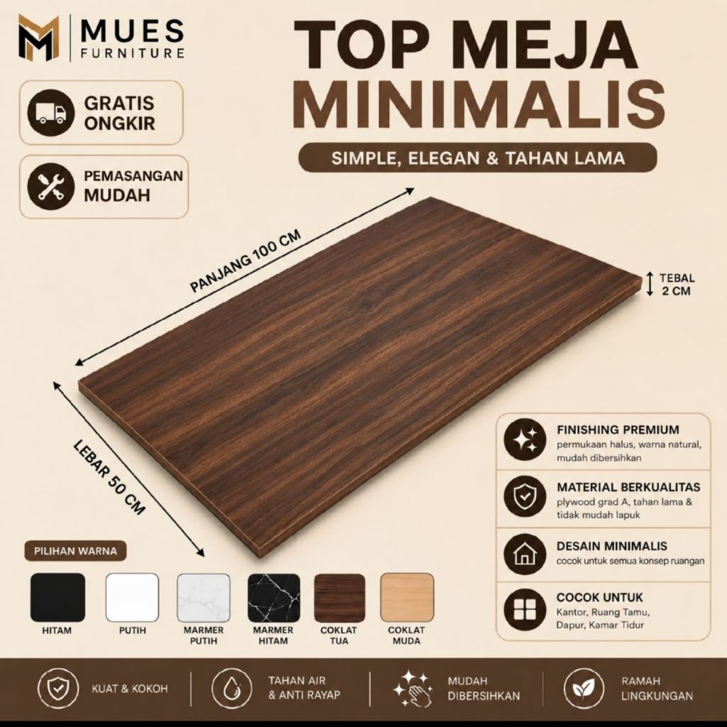 Top Table/Daun meja Minimalis 60/80/100/120/140/150cm x 50cm x 2cm (Bisa Costum)