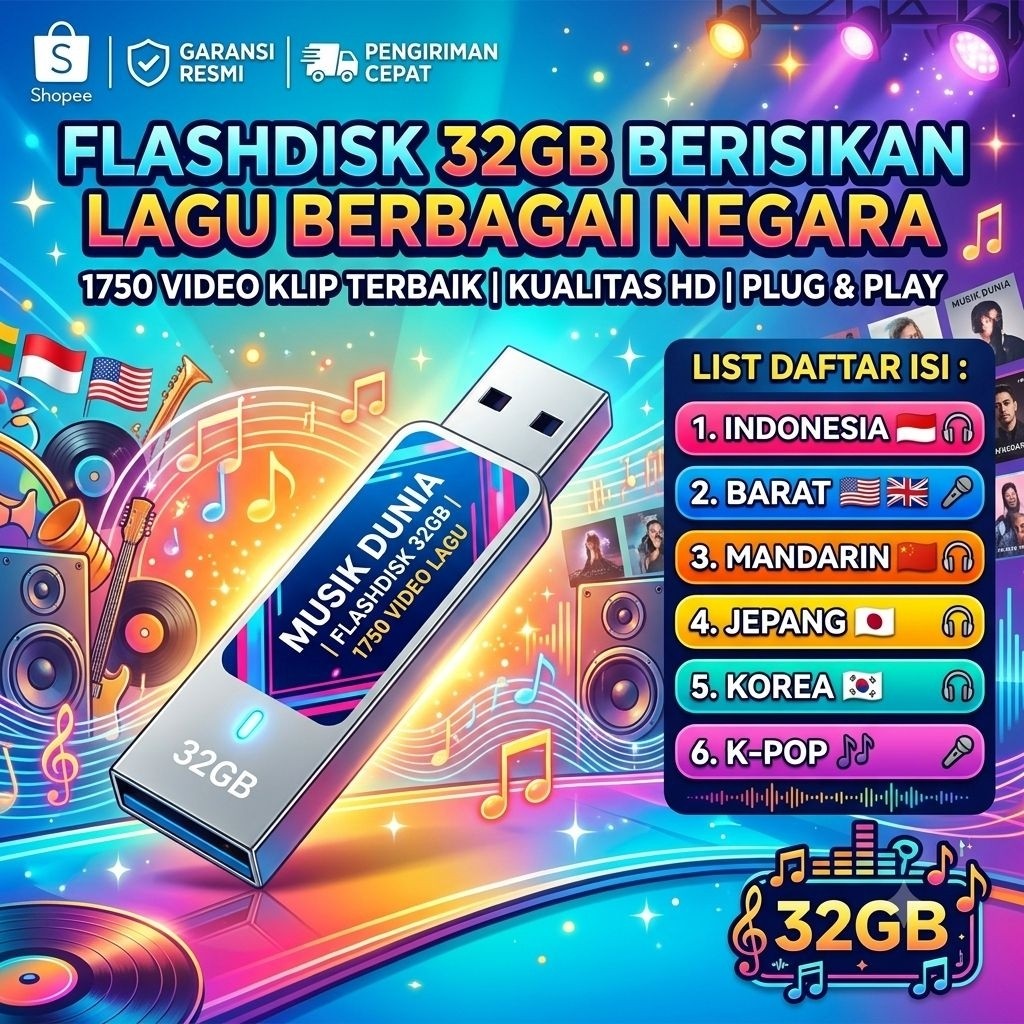Flashdisk 32GB Isi 1750 Video Lagu Berbagai Negara HD - Musik Lagu Indonesia Barat Mandarin Jepang K
