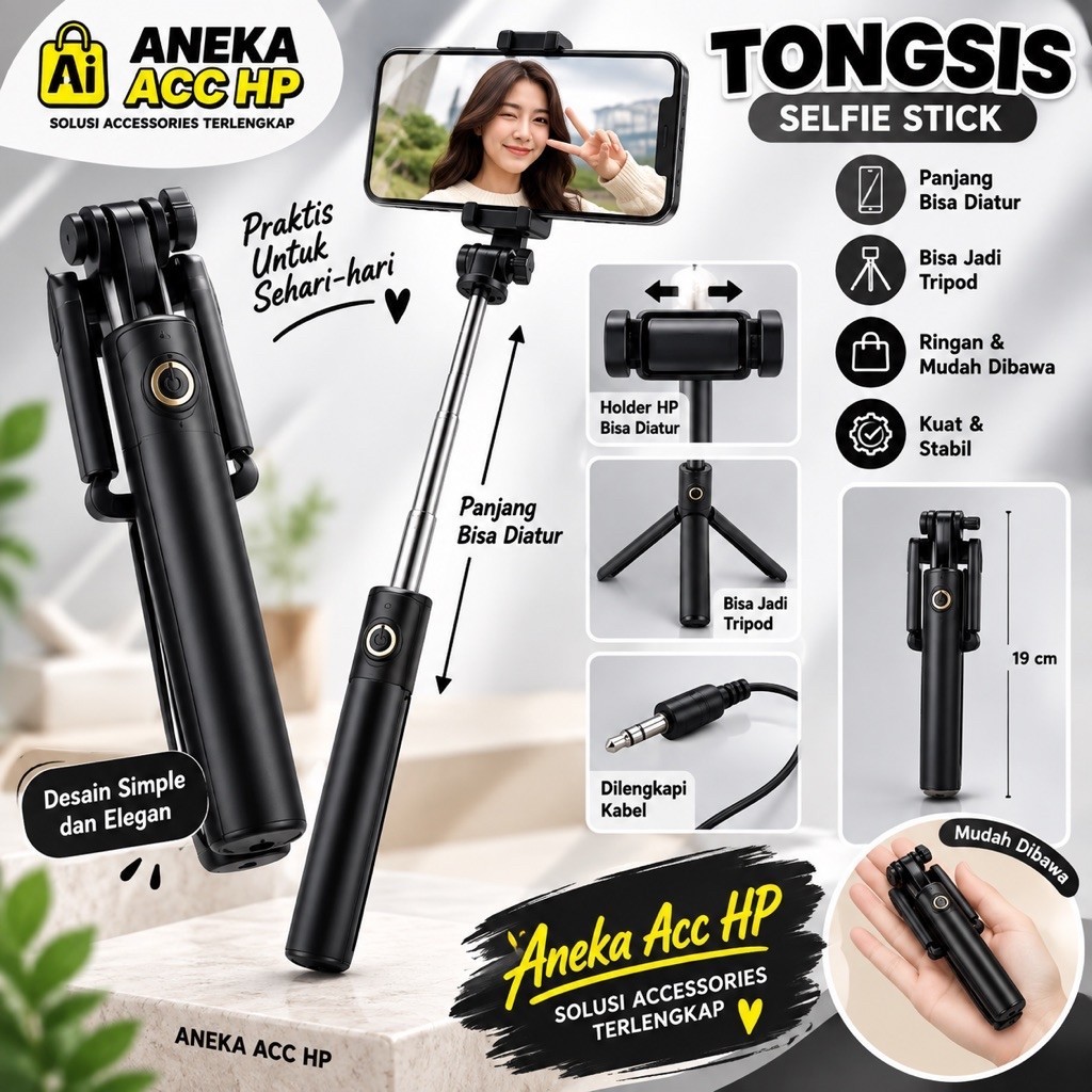 TONGSIS Tripod Hitam Kabel Lipat Selfie Stick Hp Android Ios
