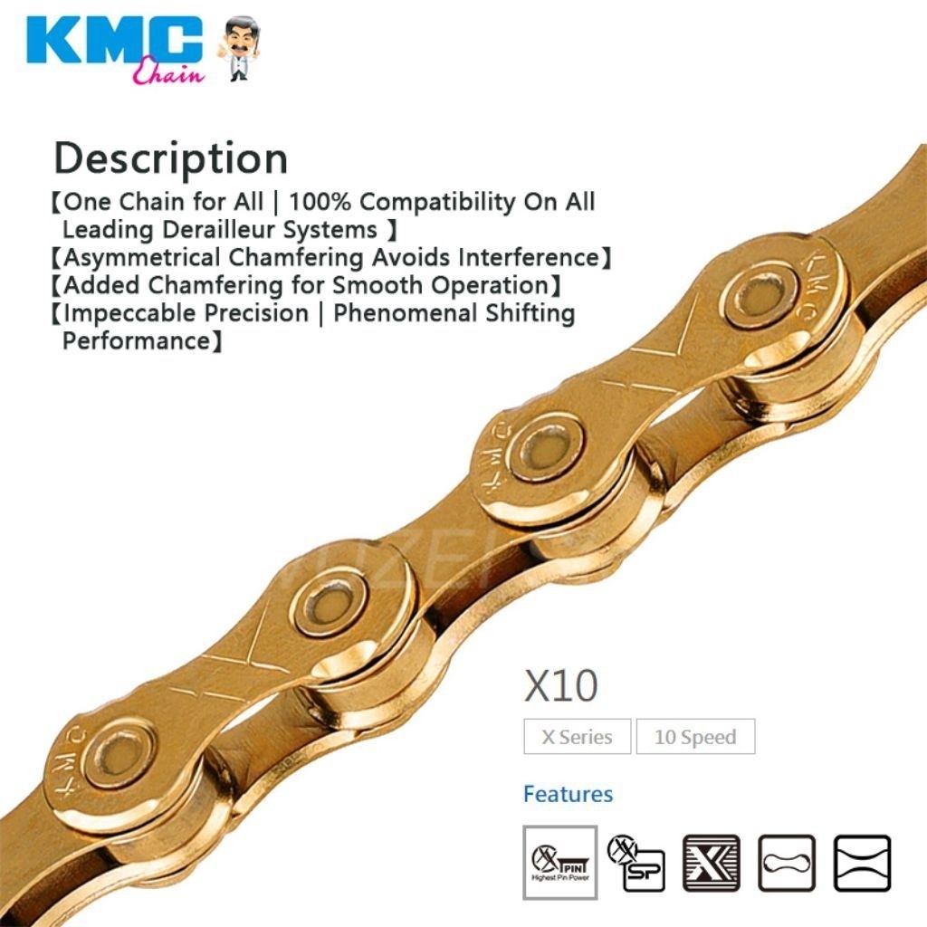 Rantai KMC X10 10 speed Gold 114 link + sambungan gold copotan baru