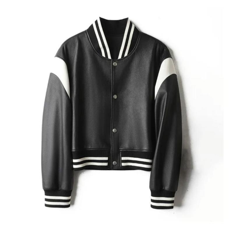 Free Ongkir Jacket Kulit Wanita Varsity Crop Baseball Two Tone