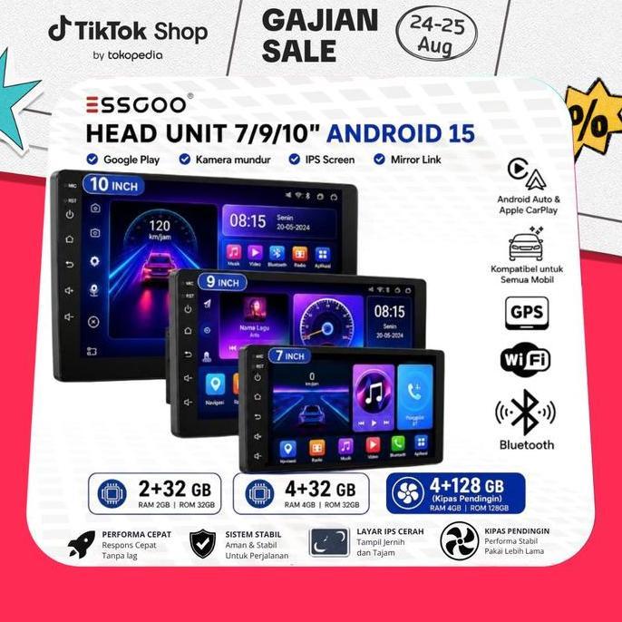 ESSGOO Head Unit Android 15 mobil 4G+64G  7/9/10 Inch 2 Din Kontrol Suhu Cerdas IPS Layer Mobil Navi