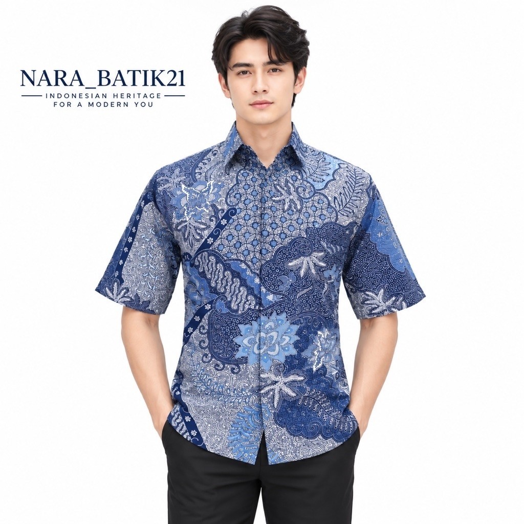 KEMEJA HEM BATIK PRIA LENGAN PDK KATUN HALUS BIRU LANGIT COD