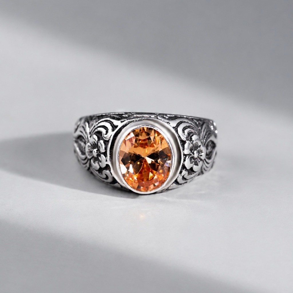 Cincin Pria Perak 925 Asli - Batu Natural Citrine Model Oval Corak Ukiran Bunga Bali Clasic