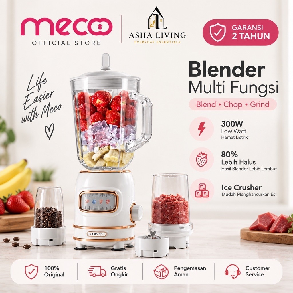 Meco Blender Multifungsi 300W Ice Crusher Blender Chopper Grinder 3 in 1 Hemat Listrik Garansi 2 Tah