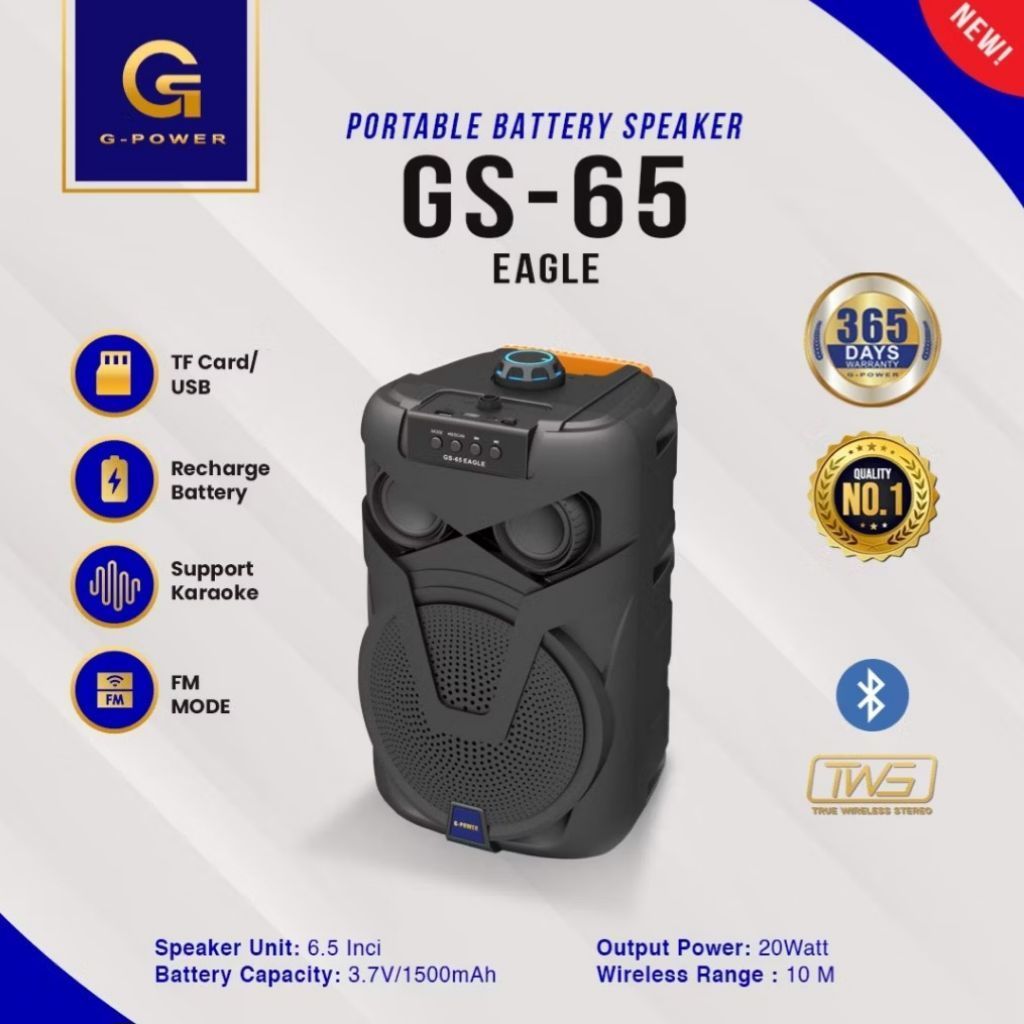 Speaker Bluetooth Portable G-POWER GS-65 EAGLE 6.5 Inch 20W TWS Karaoke FM Radio Support USB TF Card
