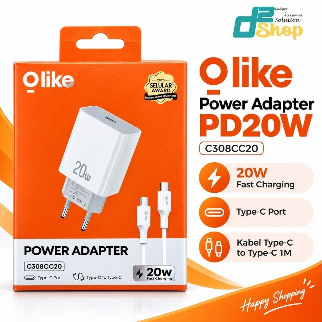 [D2shop] Olike C308CC20 Charger 20W Fast Charging PD USB Type C Power Adapter + Kabel Type C to Type