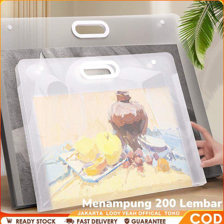 Tas Buku Gambar Lemari Kanvas Transparan 200 Lembar Dengan Pegangan Putih A2/A3/A4 Map Transparan