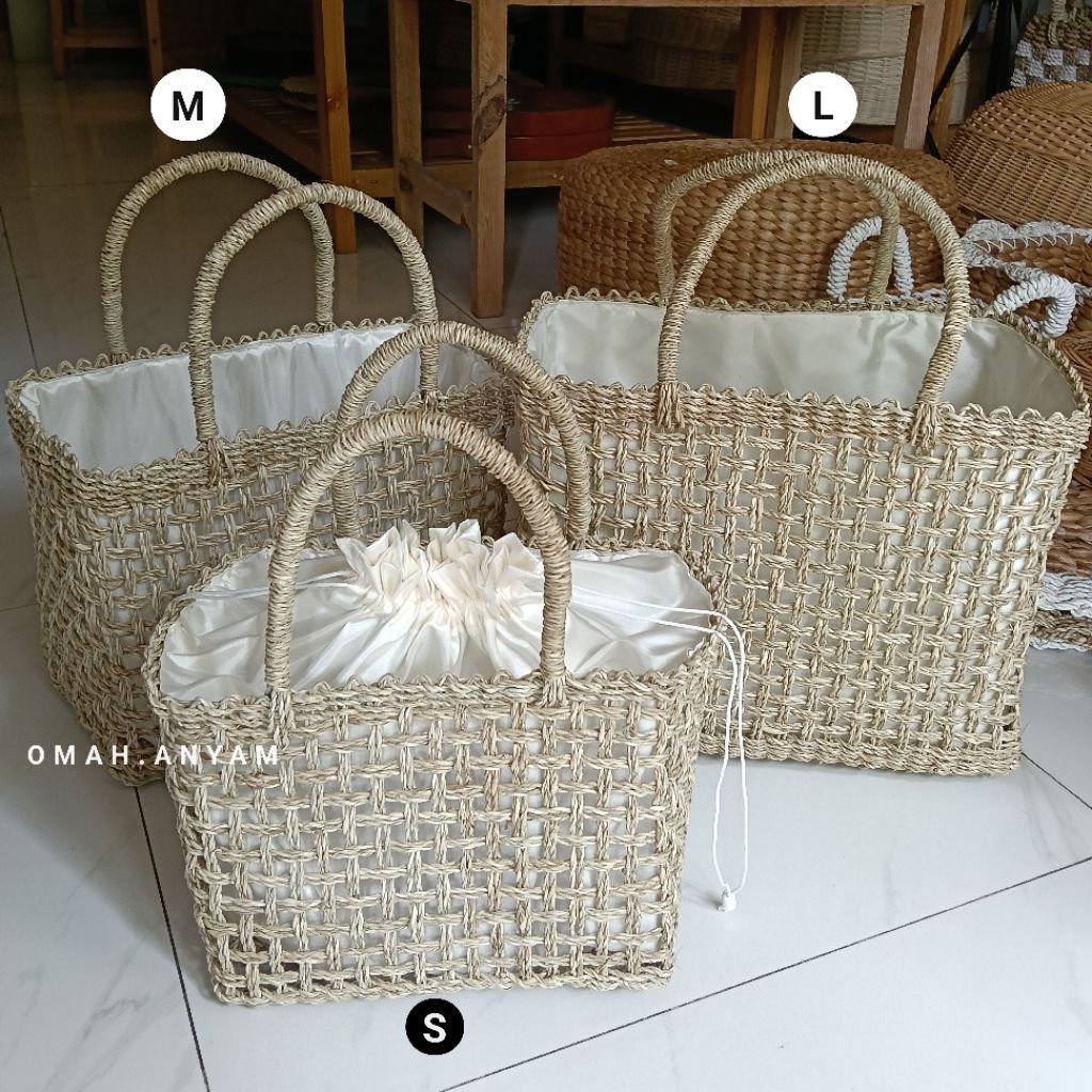 Tas Anyam Pandan Laut Serut Hampers Furing Satin | Hampers Lebaran | Tas Belanja