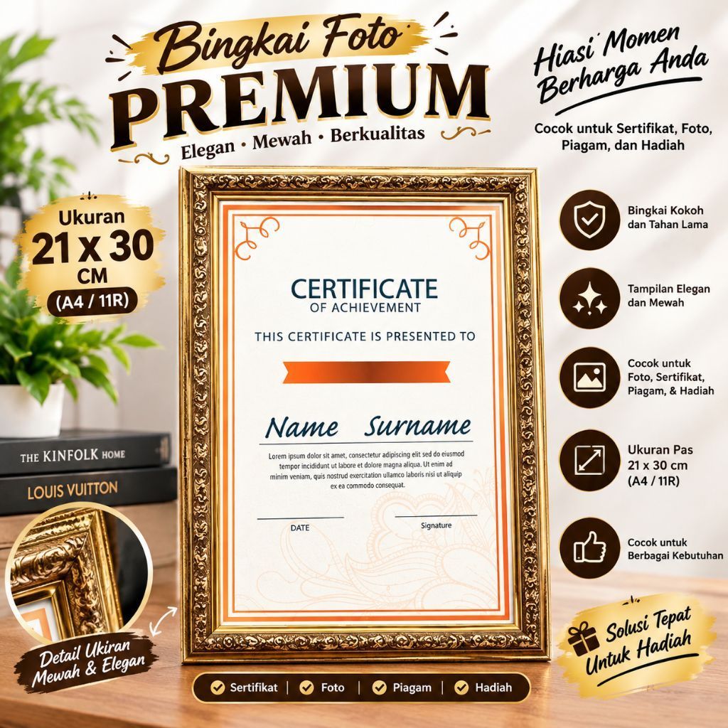PROMO BINGKAI 11R / A4 /BINGKAI 11R MOTIF UKIR UKURAN A4 / FRAME FIGURA 11R A4 WARNA GOLD UKIRAN