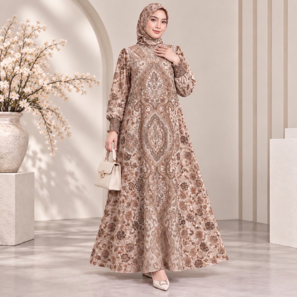 Gamis Hijab Voal Printing Latteby Eldeena syari