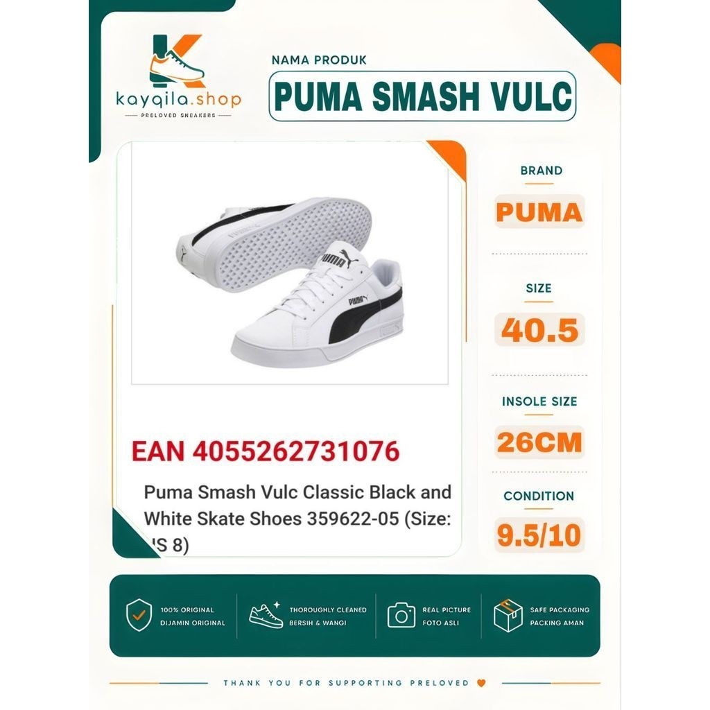 Sepatu Preloved Second Original Puma Smash Vulc Size 40